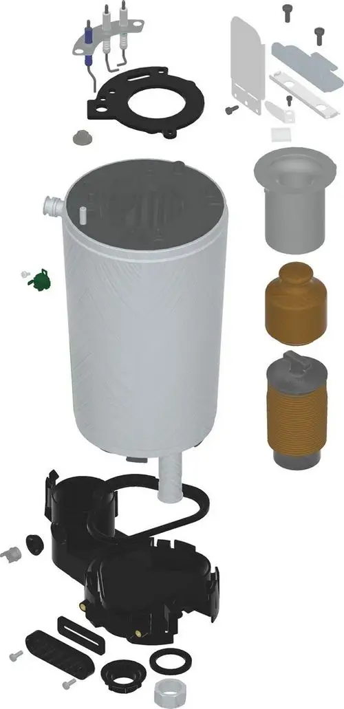 Schematic illustration of a Bosch component, featuring various parts including a cylindrical unit, connectors, and mounting hardware, arranged for visual reference.